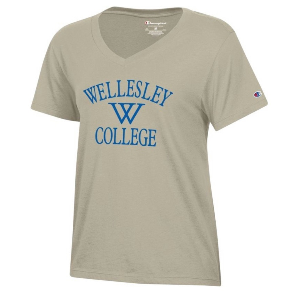 Wellesley College Beige V-Neck Short Sleeved T-Shirt Medium